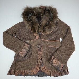 Gaby & Eden Raccoon Fur Trim Ruffle Sweater Jacket Womens Large Wool Blend 11904